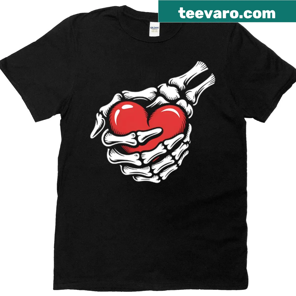 Edgy T-shirt featuring skeleton hands holding a heart design — on a men's t-shirt