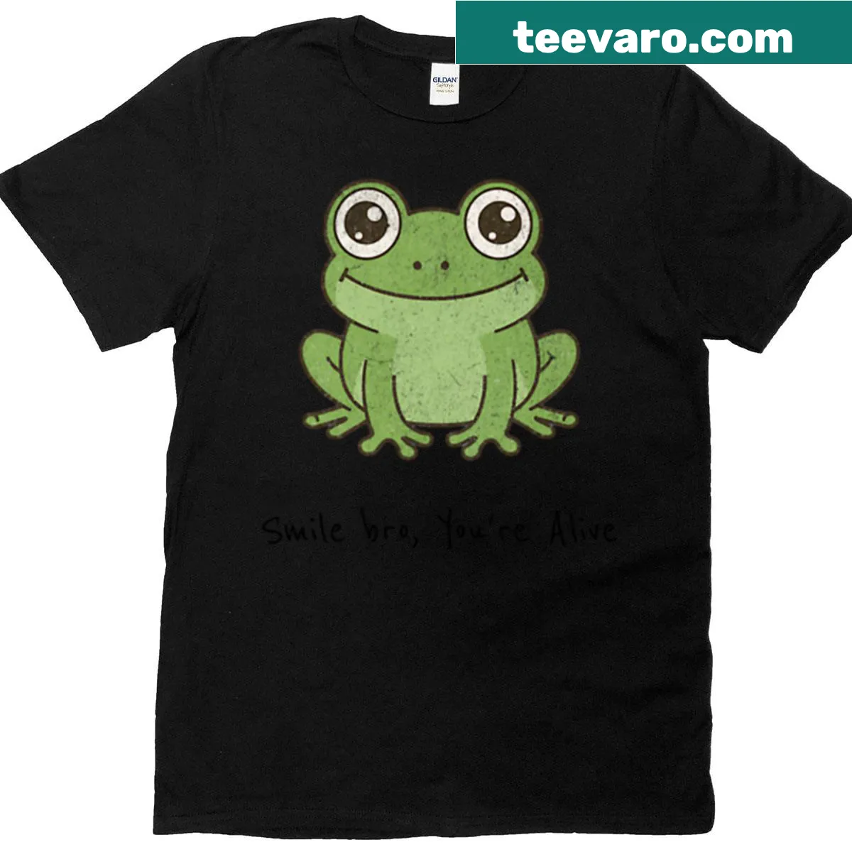 Happy frog t-shirt with the phrase 'Smile Bro You're Alive' — on a men's t-shirt