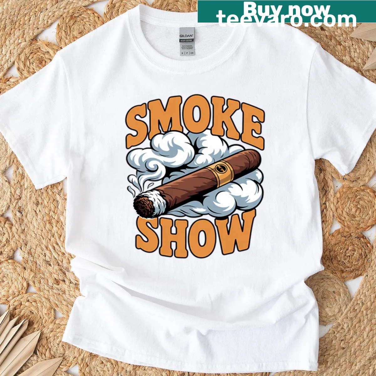 Cigar-themed t-shirt with bold 'Smoke Show' text and smokey graphic — on a men's t-shirt