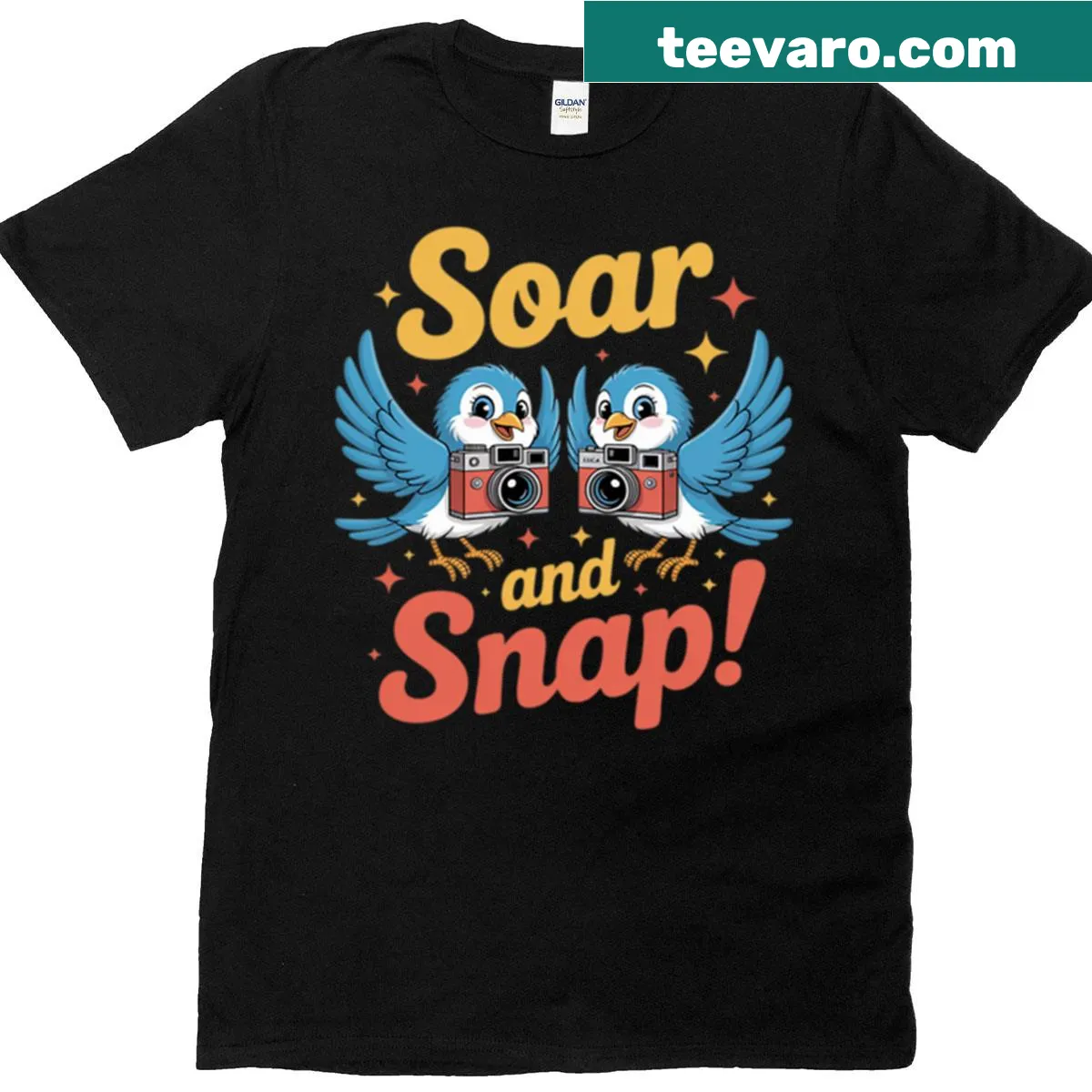 Illustrative T-shirt for bird photographers with 'Soar And Snap' text — on a men's t-shirt