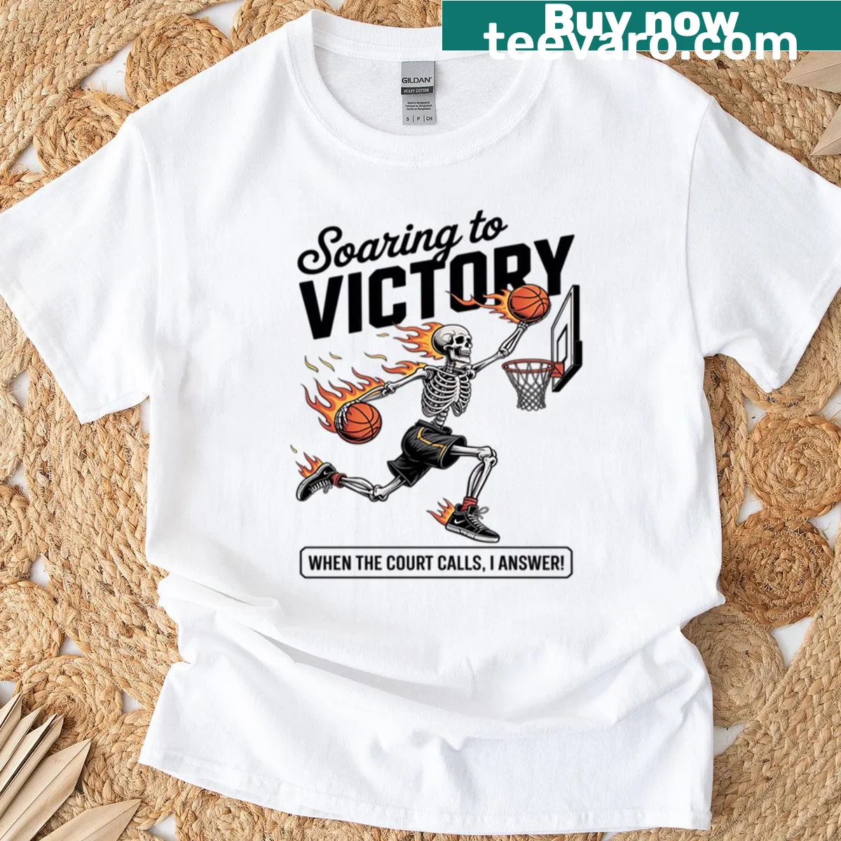 Skeleton basketball player t-shirt with the phrase Soaring To Victory — on a men's t-shirt