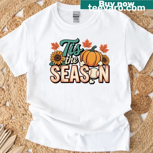 Autumn-themed T-shirt with pumpkins and a softball design