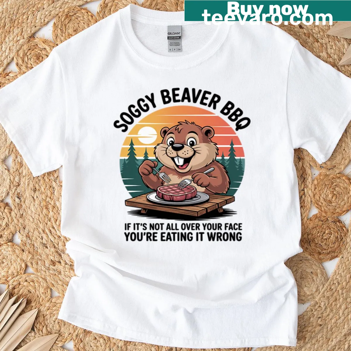 Funny BBQ-themed T-shirt with beaver graphic — on a men's t-shirt