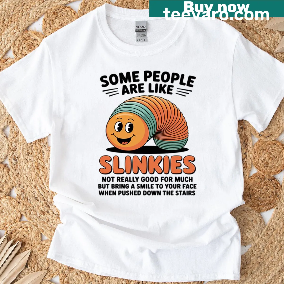 Funny T-shirt with the sarcastic phrase about slinkies — on a men's t-shirt