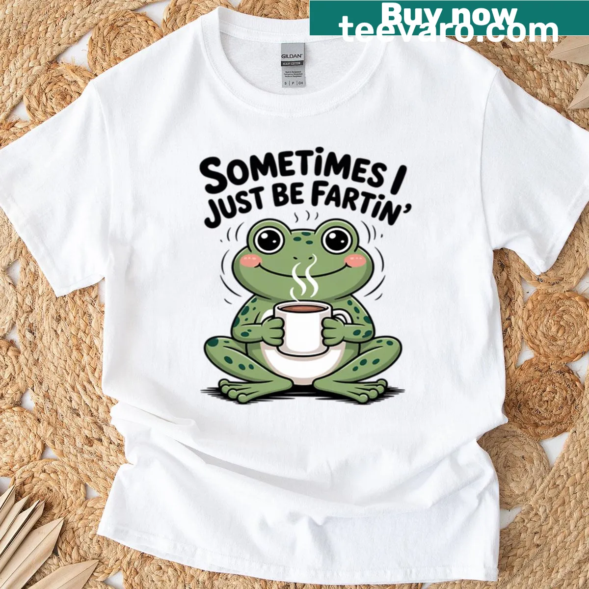 Quirky T-shirt with a cartoon frog and funny text about farting — on a men's t-shirt