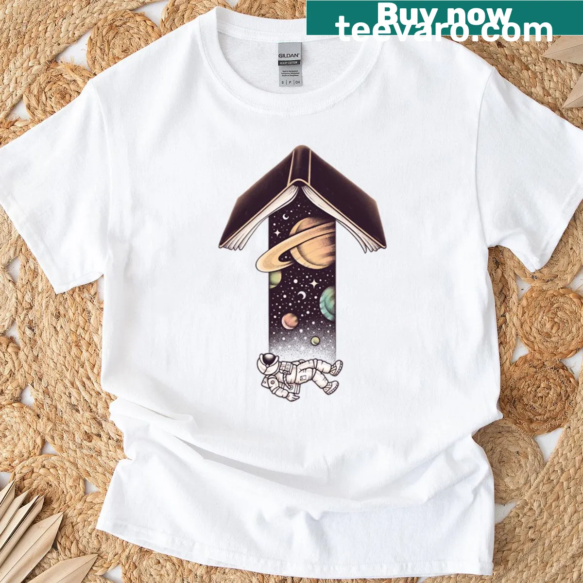 Cartoon design T-shirt depicting a journey through the stars. — on a men's t-shirt