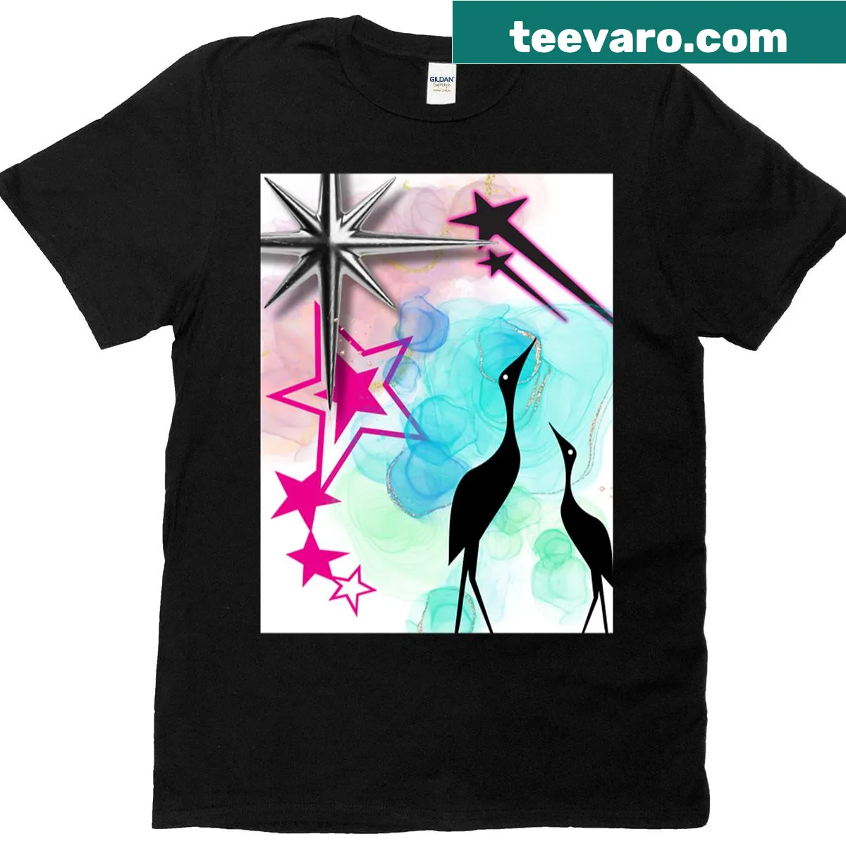 Illustrated T-shirt of the Starship Nova flying through space — on a men's t-shirt