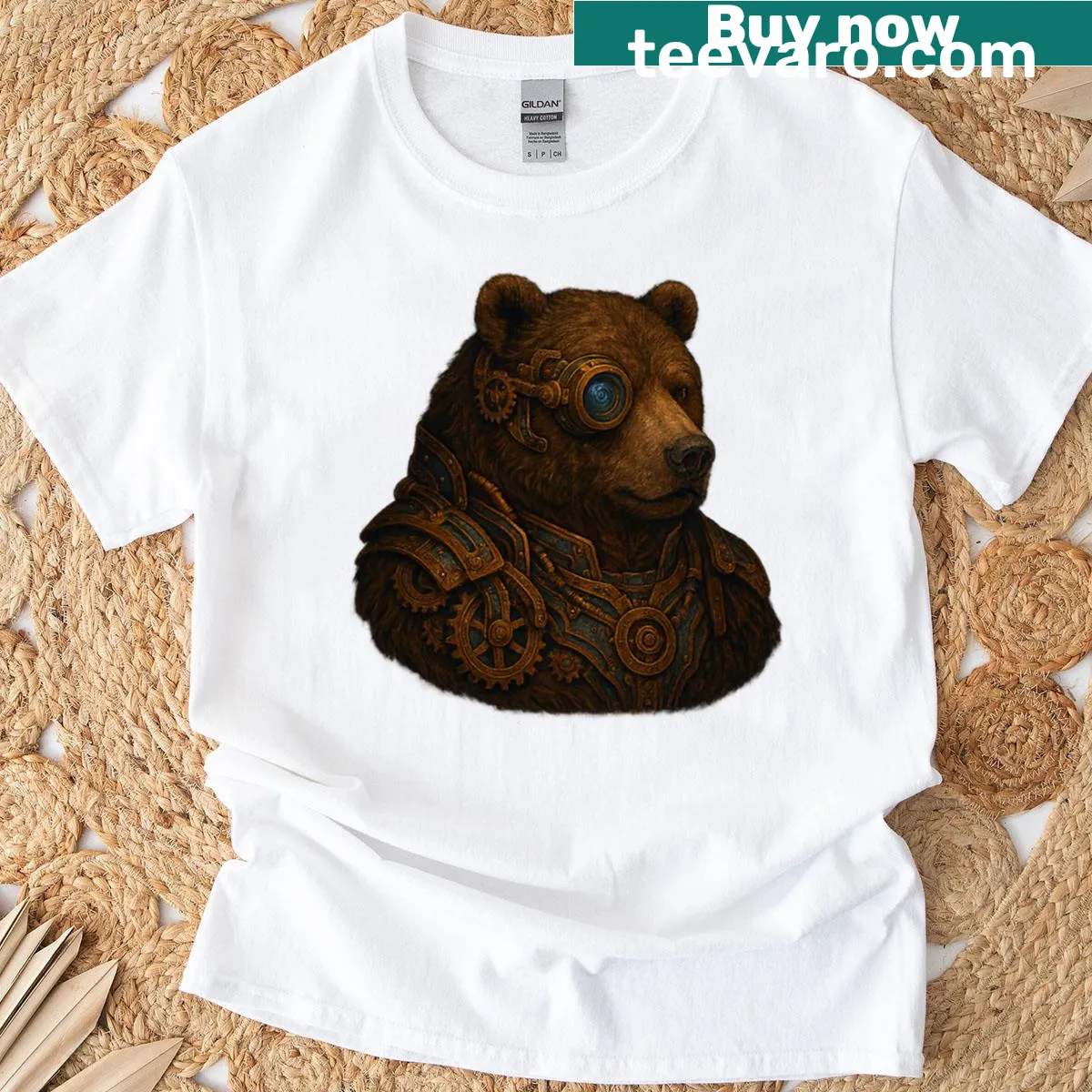 Steampunk bear graphic T-shirt with mechanical brass elements — on a men's t-shirt