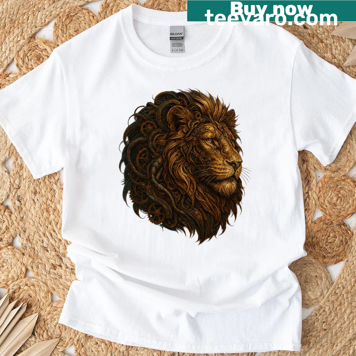 Steampunk T-shirt featuring a lion in mechanical brass design — on a men's t-shirt