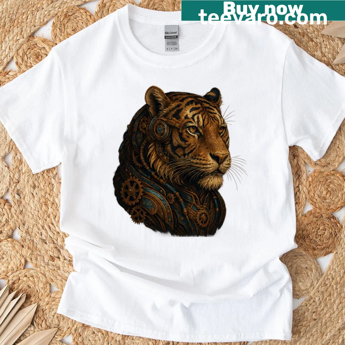 Steampunk-style t-shirt featuring a mechanical tiger in brass armor — on a men's t-shirt