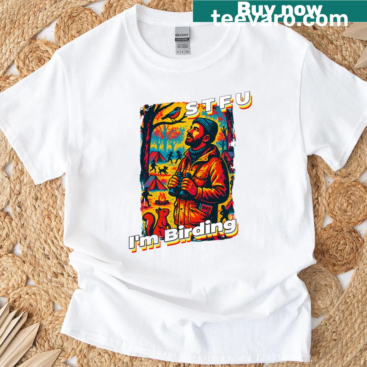 Funny T-shirt with 'Stfu I'm Birding' text for birdwatchers. — on a men's t-shirt