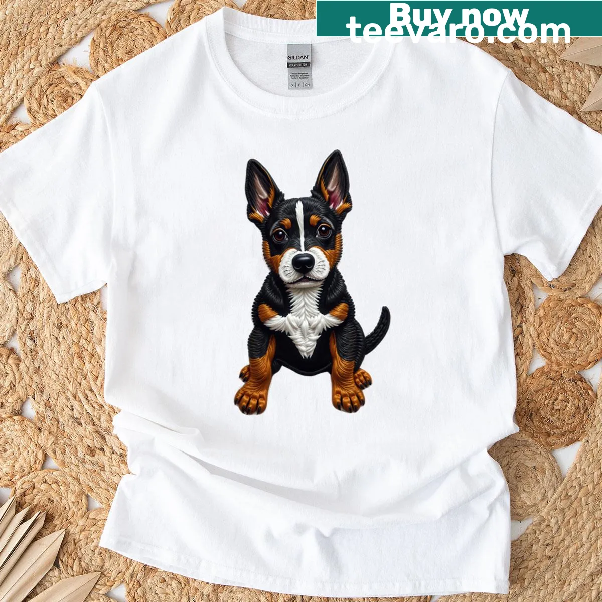 Illustrative puppy portrait T-shirt with faux patchwork design — on a men's t-shirt