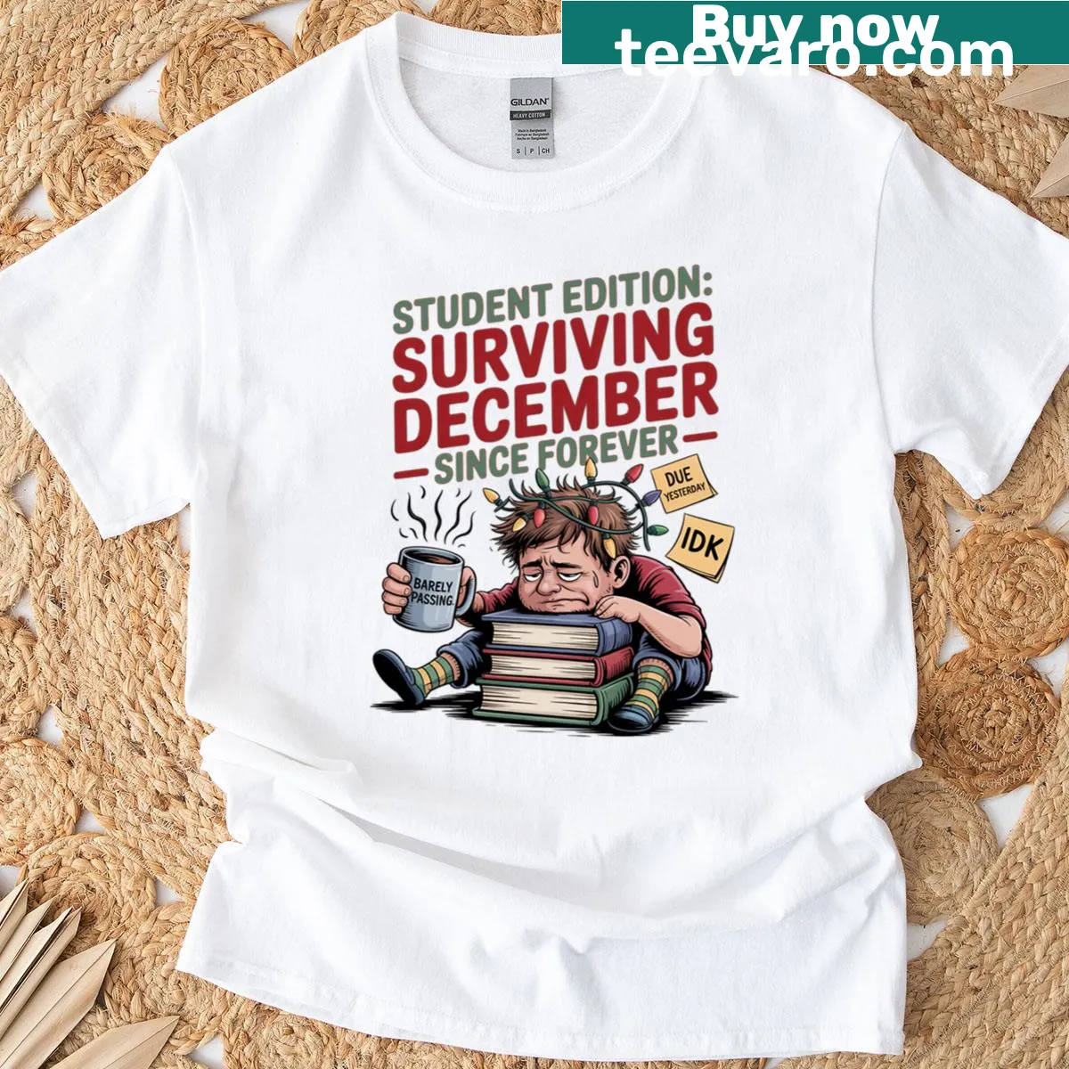 Illustrated T-shirt with humorous student December survival theme. — on a men's t-shirt