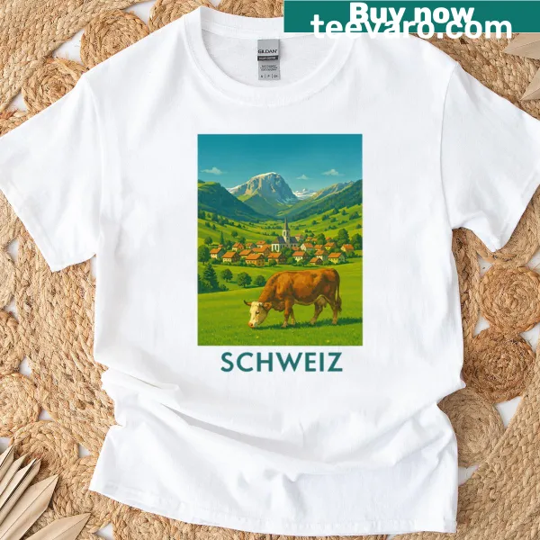 Travel poster design featuring a Swiss cow in the Alps