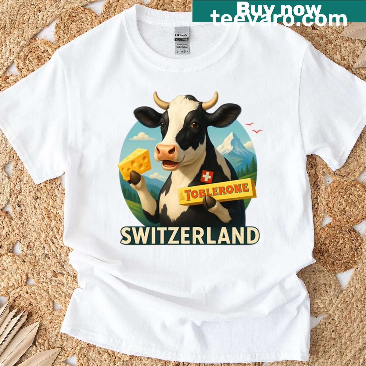 Illustration of a cow enjoying chocolate and cheese on a t-shirt — on a men's t-shirt