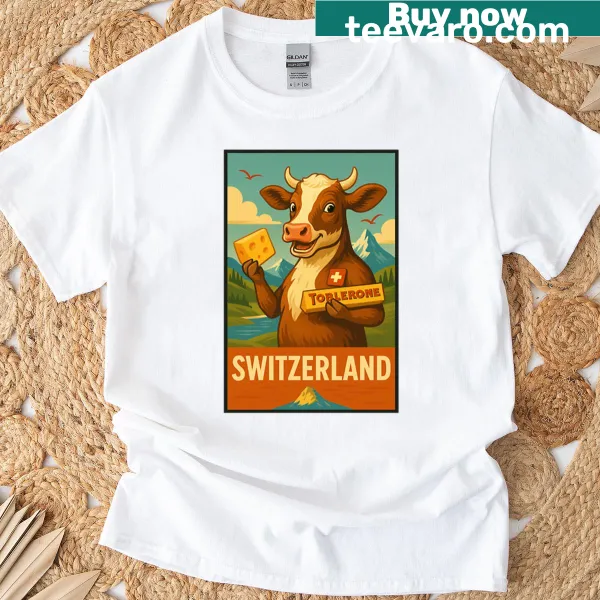 Funny Switzerland-themed T-shirt with cow and mountain design