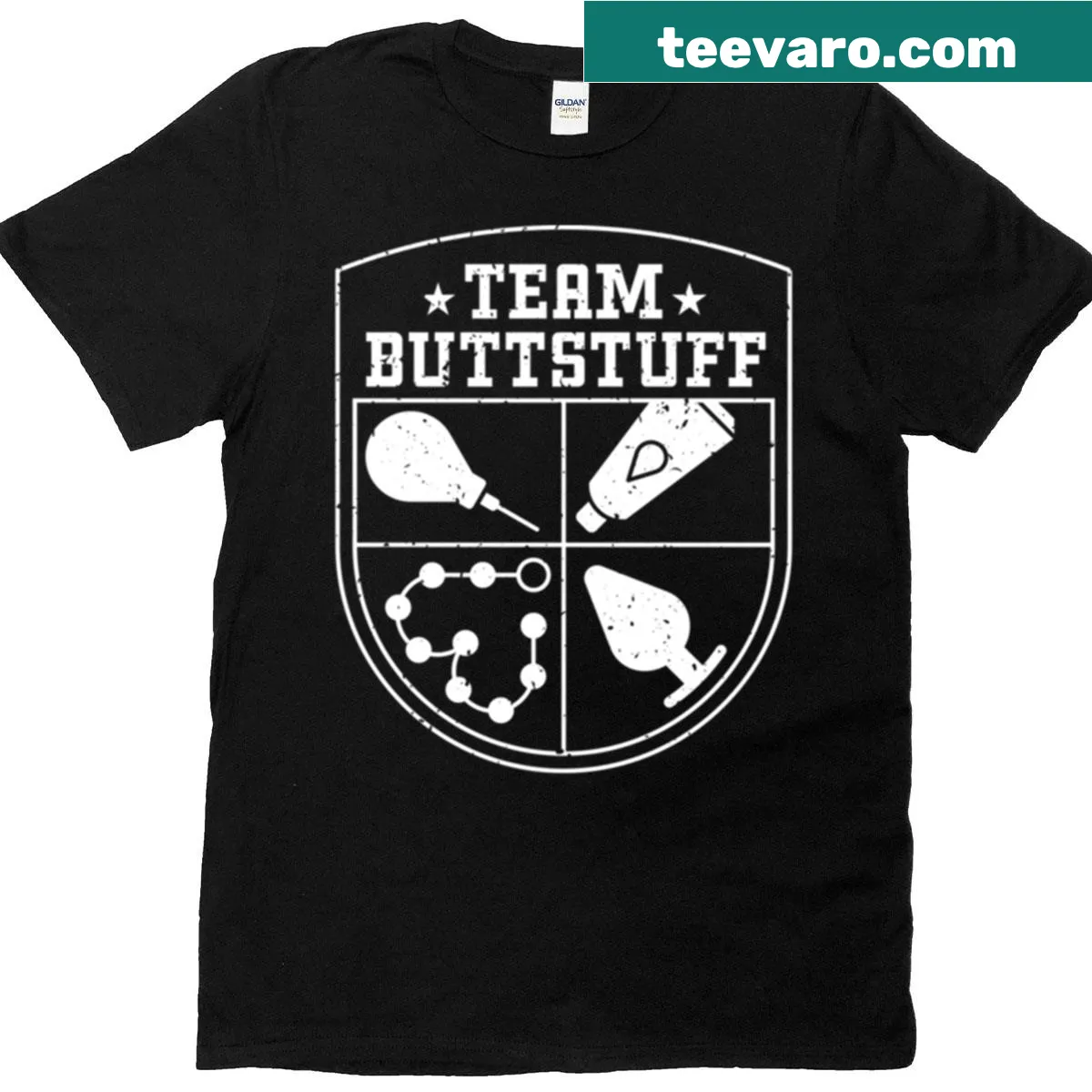 Funny Team Buttstuff T-shirt with humorous typography — on a men's t-shirt