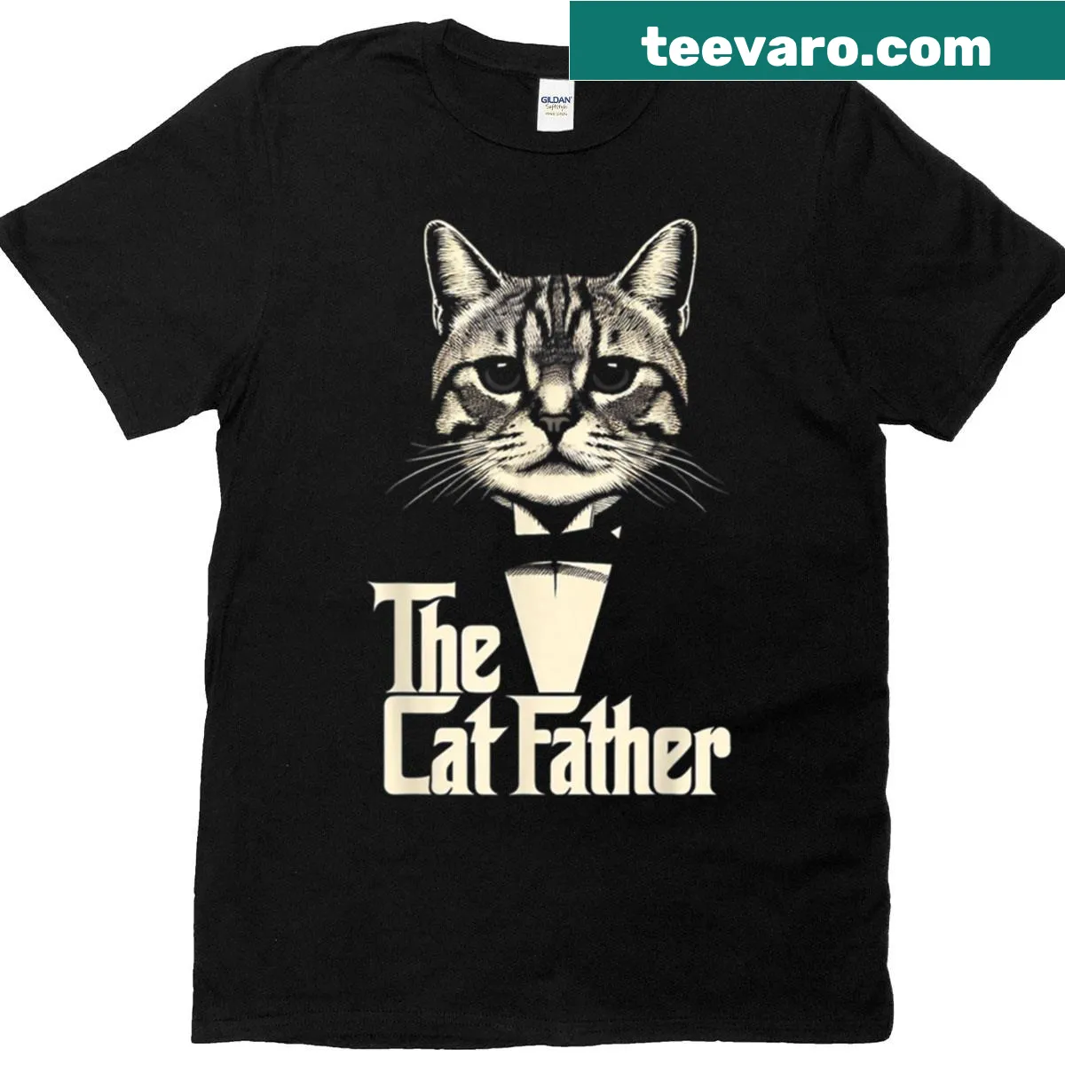 Funny Catfather t-shirt with playful text — on a men's t-shirt