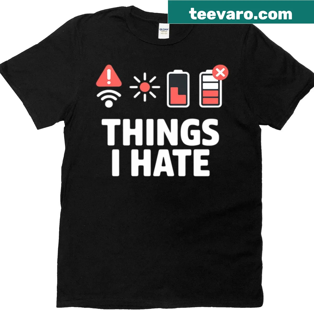 Funny programmer gamer T-shirt with Things I Hate text — on a men's t-shirt