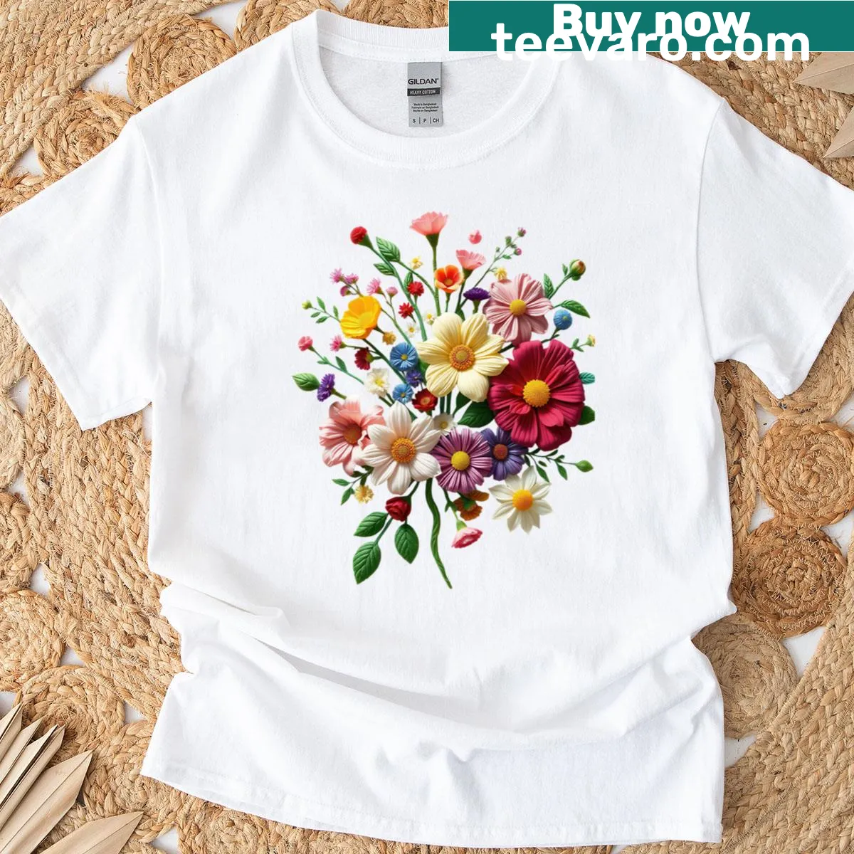 Faux patchwork wildflower bouquet graphic T-shirt — on a men's t-shirt