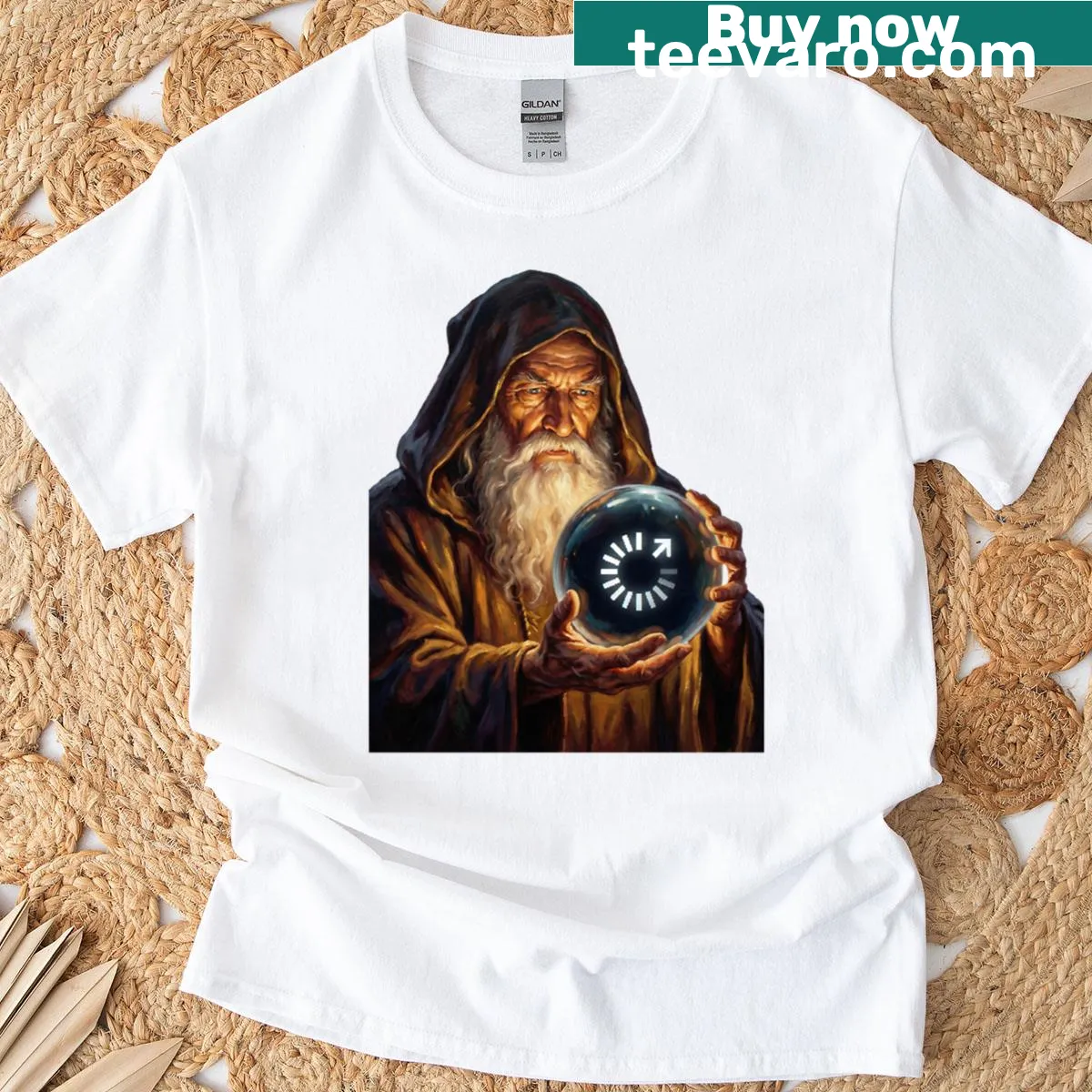Whimsical T-shirt with a wizard pondering while buffering — on a men's t-shirt