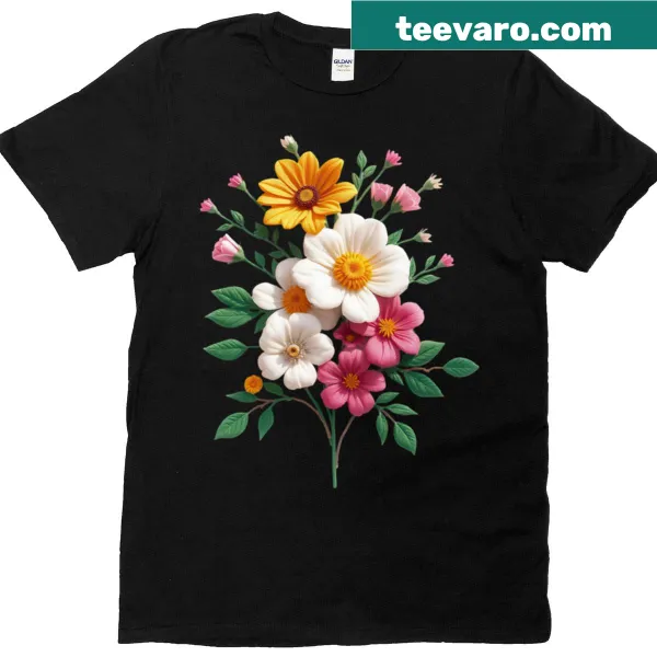 T-shirt with faux patchwork flower bouquet illustration