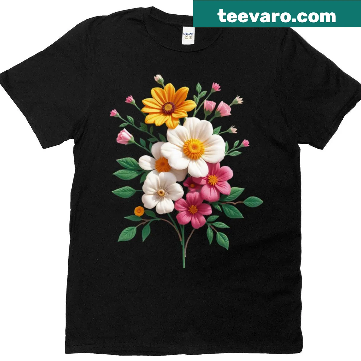 T-shirt with faux patchwork flower bouquet illustration — on a men's t-shirt