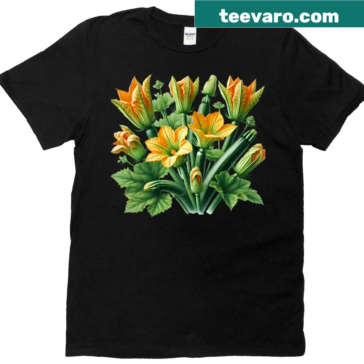 Illustrated T-shirt featuring zuccini flowers — on a men's t-shirt