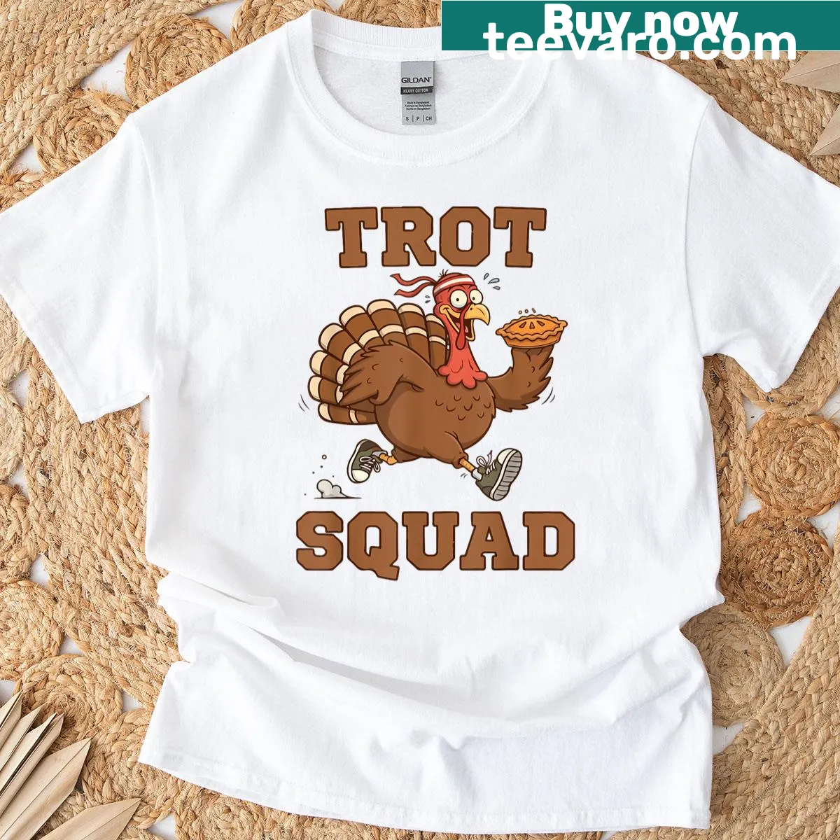 Thanksgiving shirt with turkey running and Trot Squad design — on a men's t-shirt