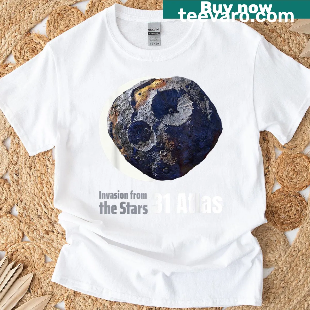 Funny Earth t-shirt featuring a solar comet and asteroid design — on a men's t-shirt