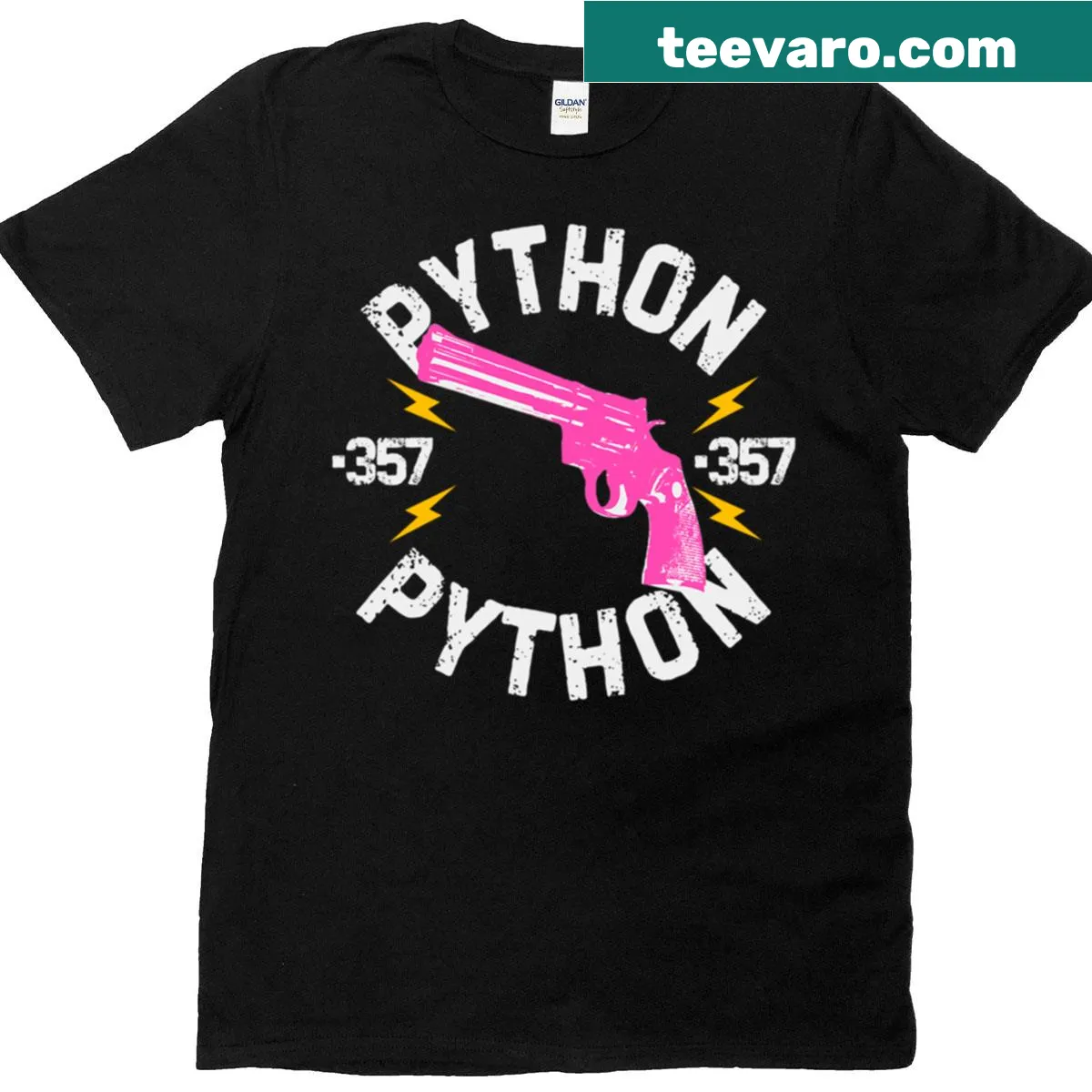 Biker style t-shirt featuring a graphic of a 357 Magnum Python — on a men's t-shirt