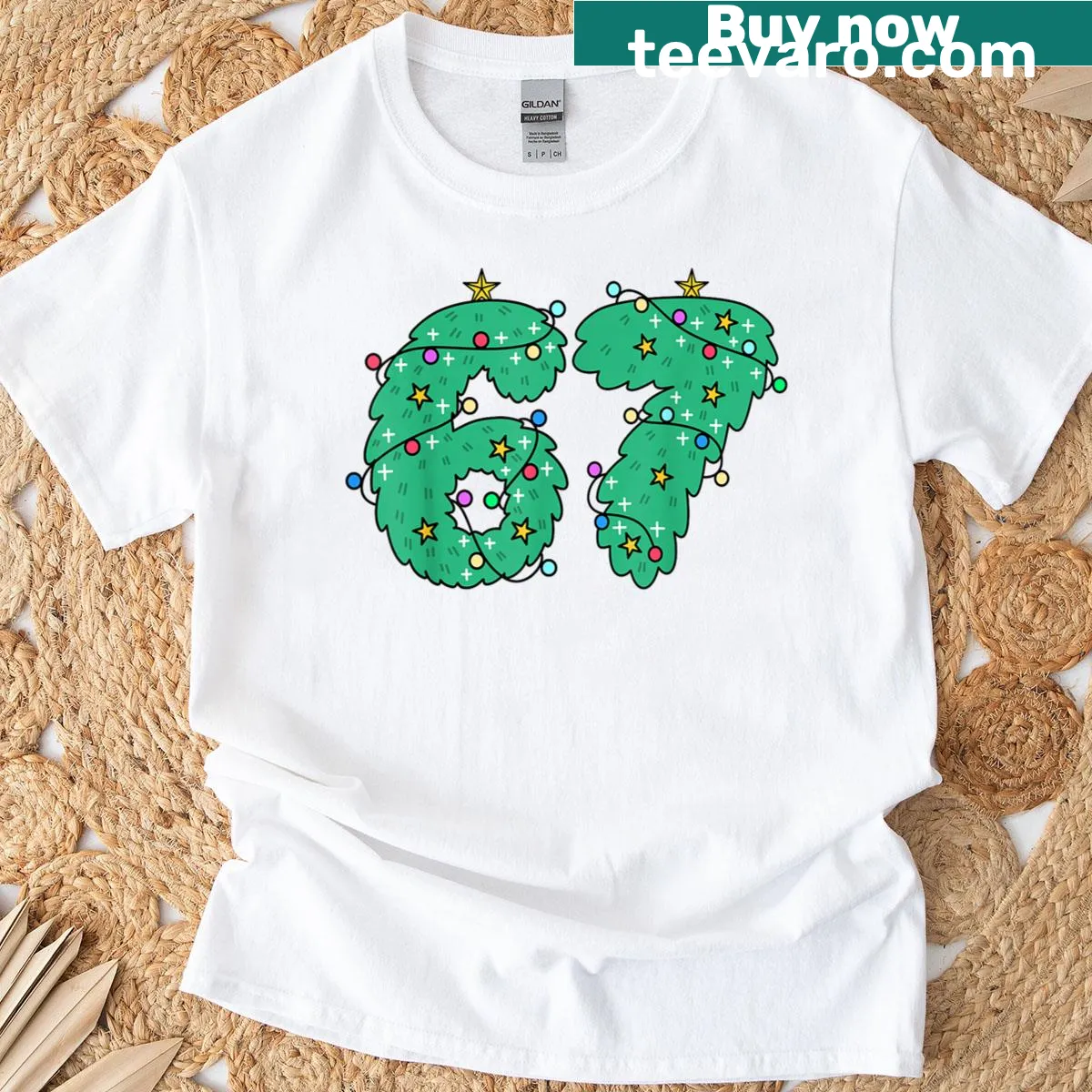 Funny Christmas tree meme t-shirt for kids with number 67 — on a men's t-shirt