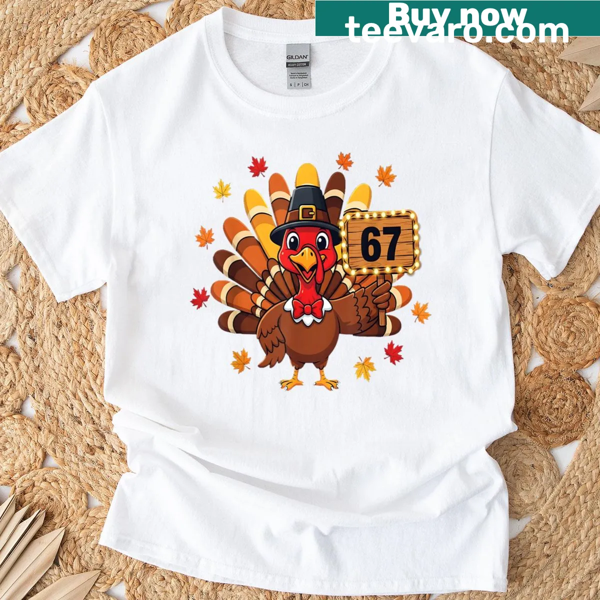 Thanksgiving turkey meme t-shirt with the number 67 and humorous graphics — on a men's t-shirt