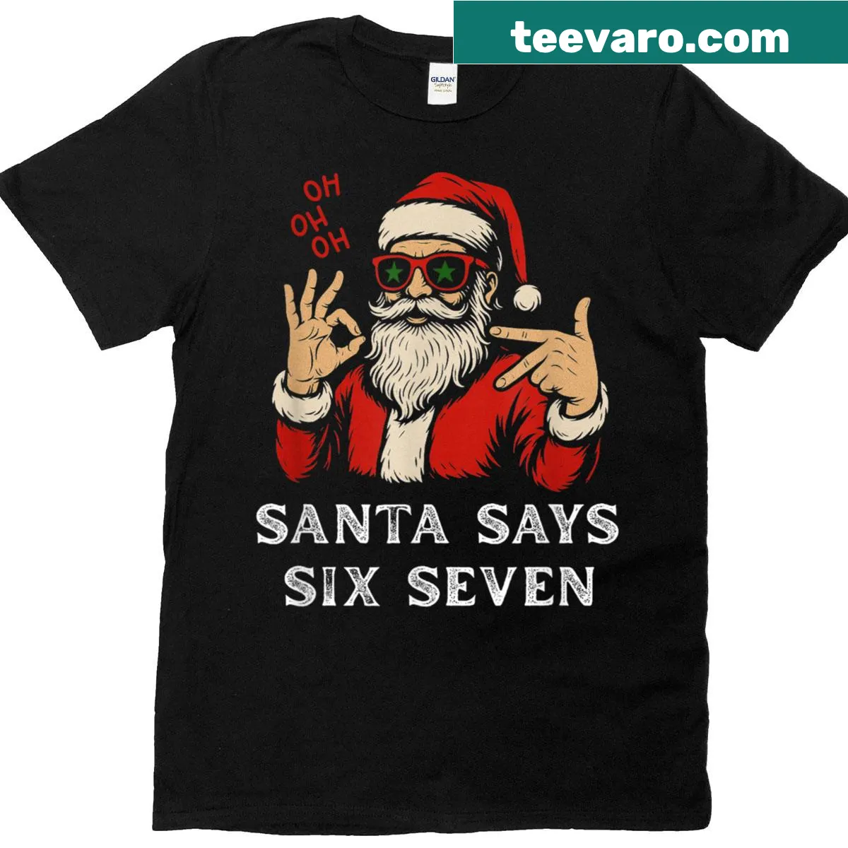 Funny Christmas T-shirt with Santa meme and 'Six Seven' text — on a men's t-shirt