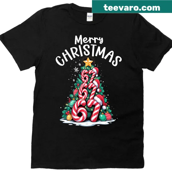 Merry Christmas T-shirt featuring tree, candy canes, and Santa hat