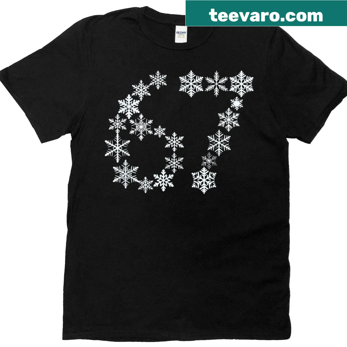 Funny Christmas T-shirt with snowflakes and 'Six Seven' text — on a men's t-shirt