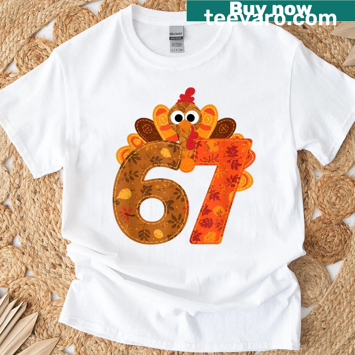 Cute turkey design t-shirt with the number 67 for kids and boys — on a men's t-shirt