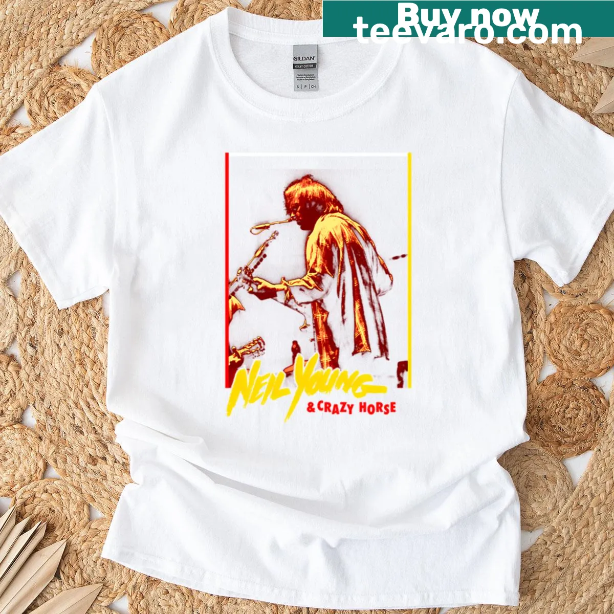 Vintage Neil Young t-shirt inspired by 70s and 80s music — on a men's t-shirt