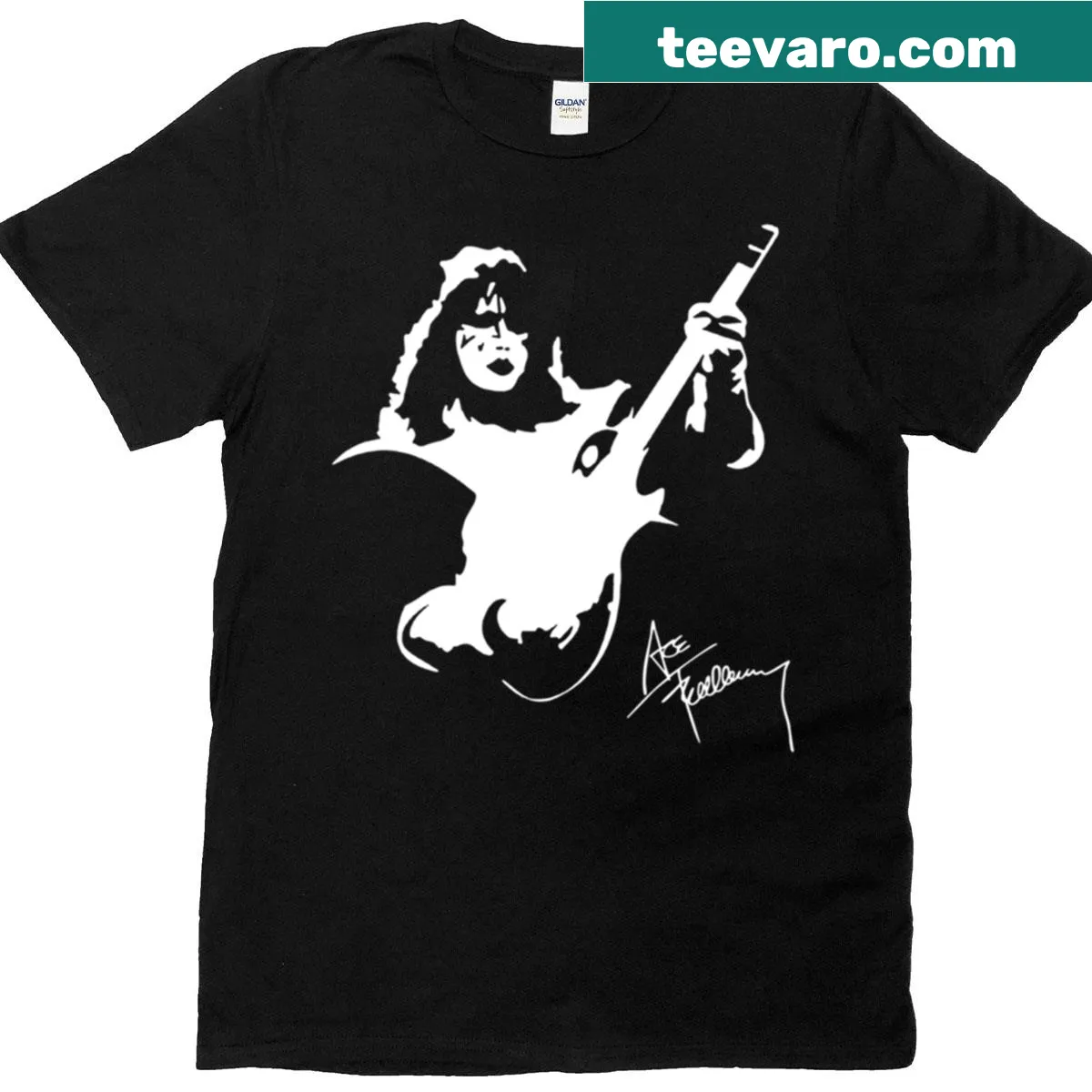 Illustrative graphic of Ace Frehley on a t-shirt — on a men's t-shirt