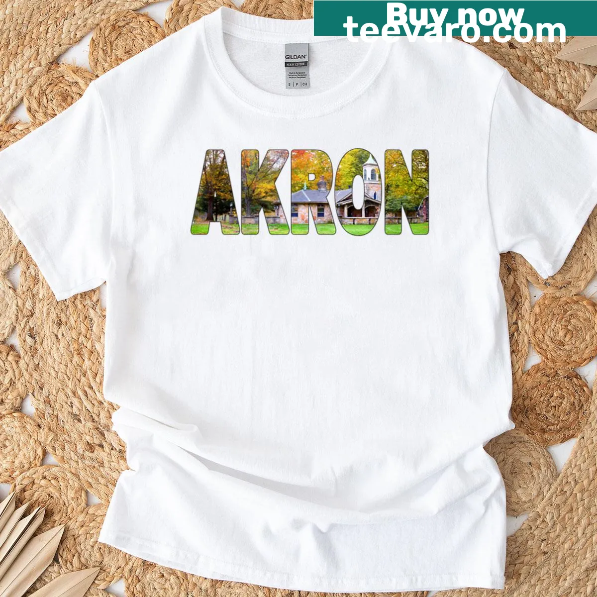 Scenic fall trees design representing Akron, Ohio. — on a men's t-shirt