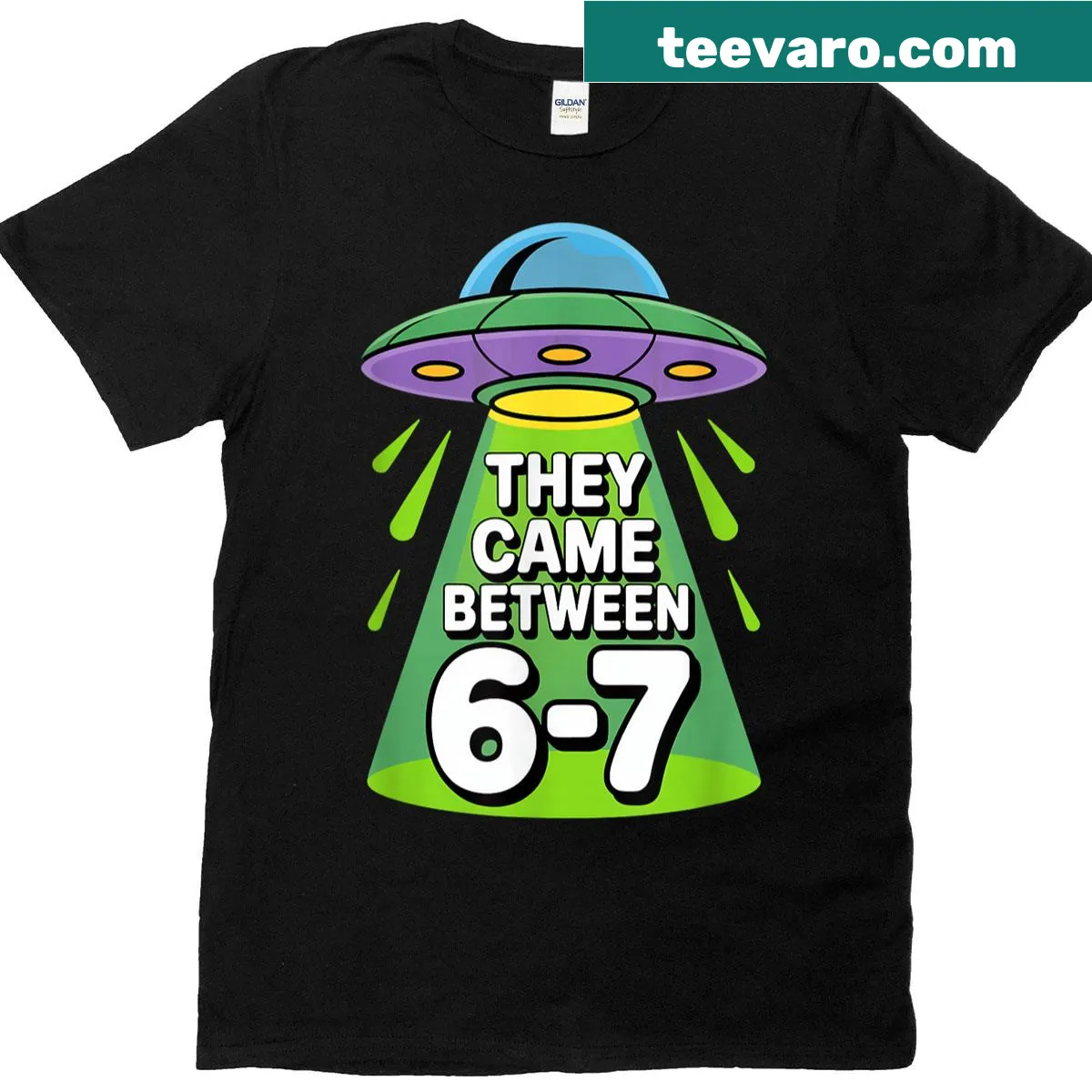 Retro UFO and alien abduction graphic t-shirt — on a men's t-shirt