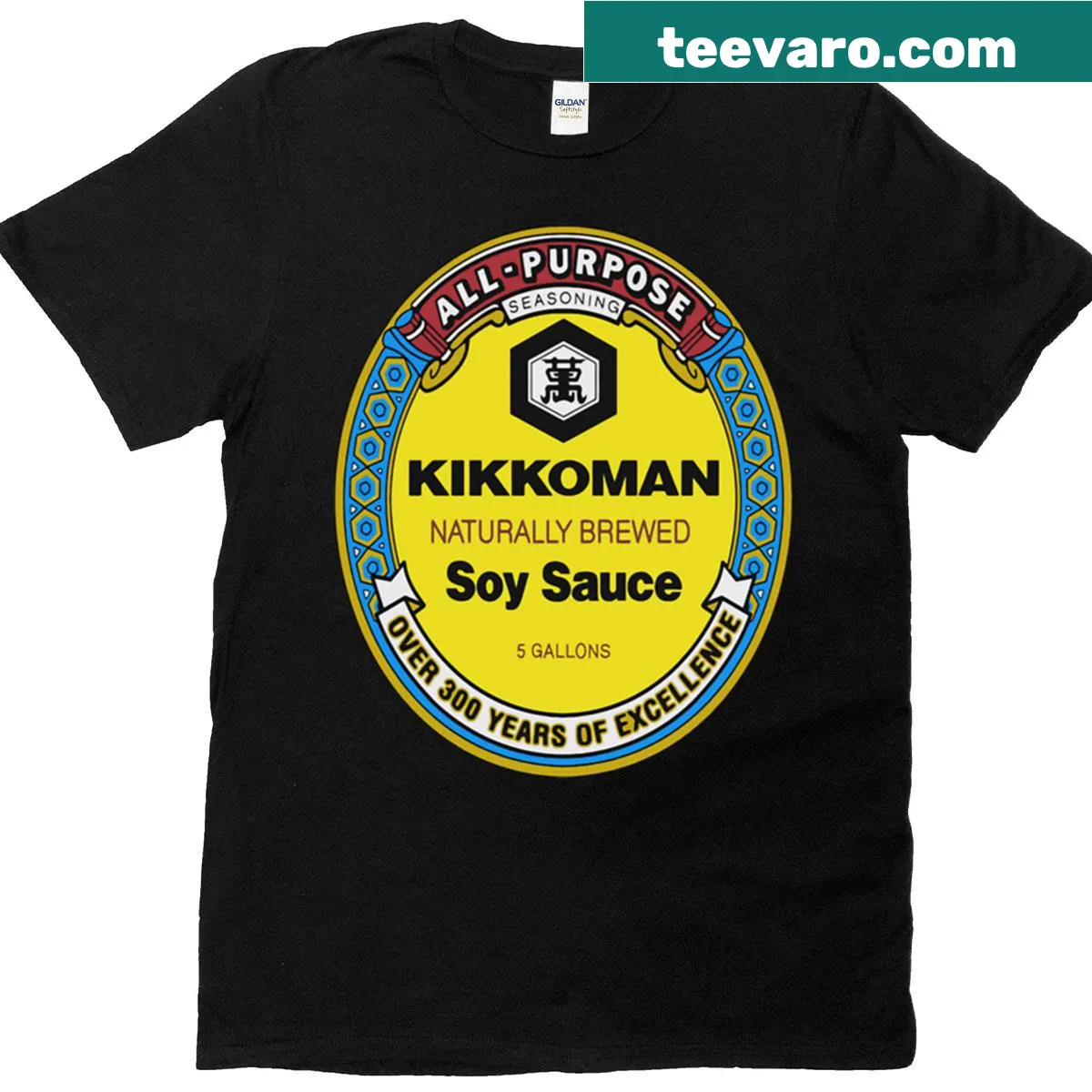 Funny t-shirt featuring Kikkoman soy sauce print design — on a men's t-shirt