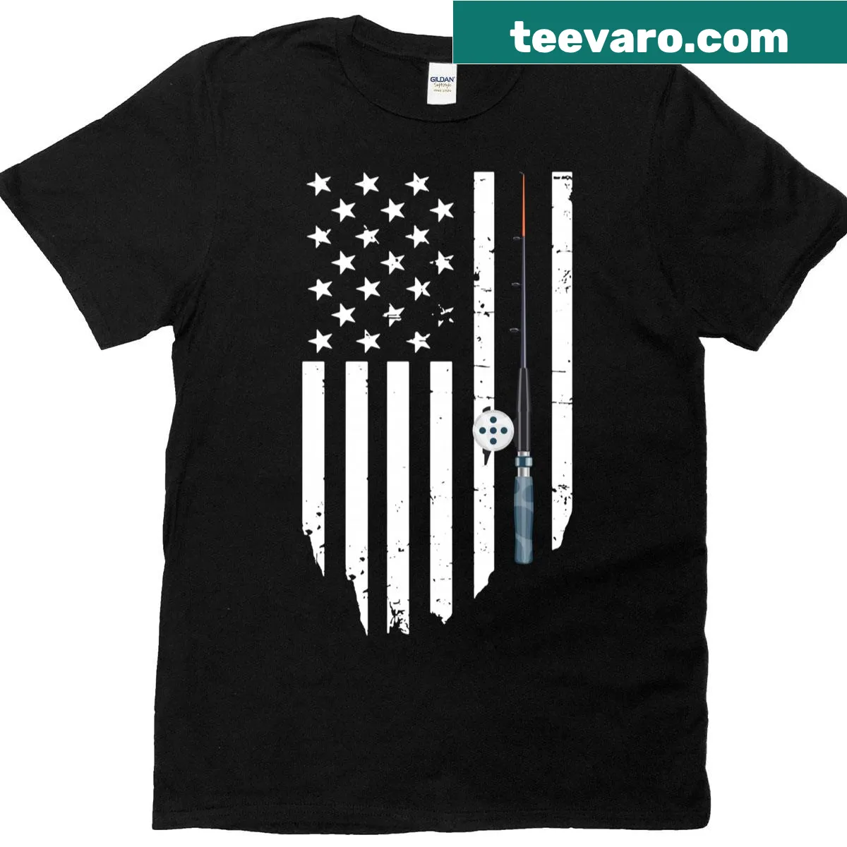 American flag design with fishing elements on t-shirt — on a men's t-shirt