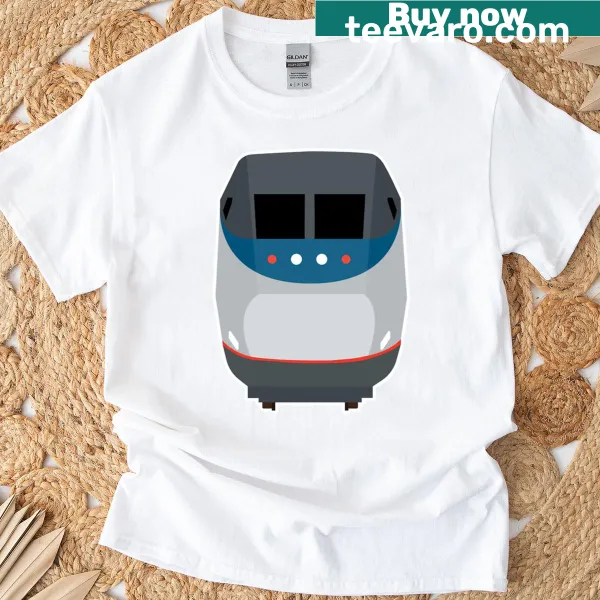 Stylized graphic of an American high-speed train on a t-shirt