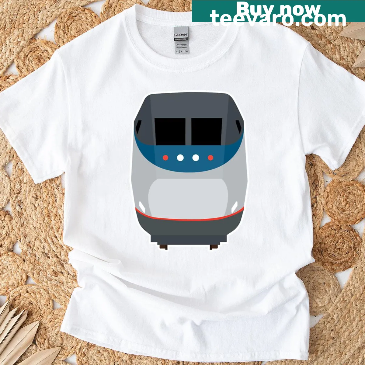 Stylized graphic of an American high-speed train on a t-shirt — on a men's t-shirt