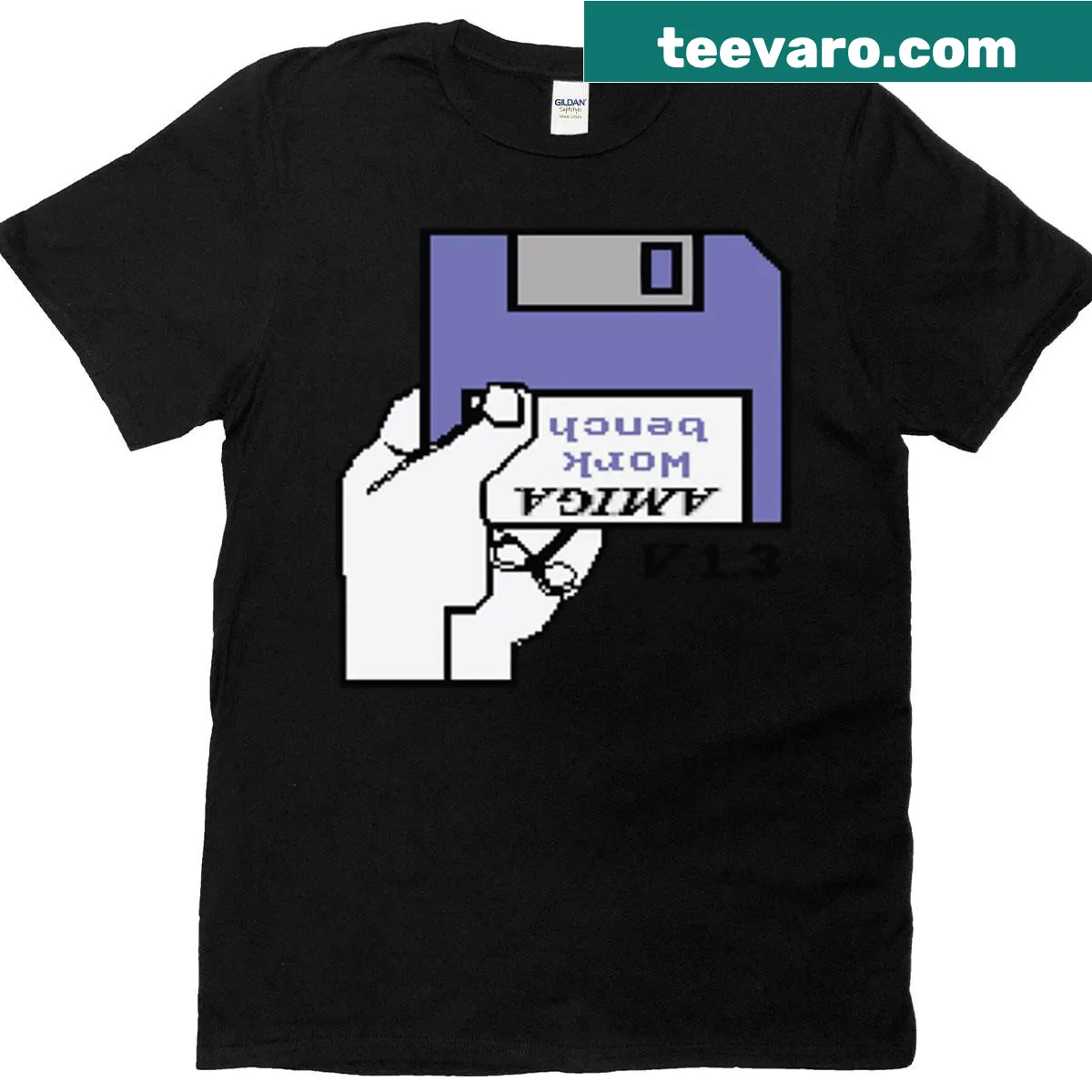 Amiga Workbench OS t-shirt featuring retro typography design — on a men's t-shirt