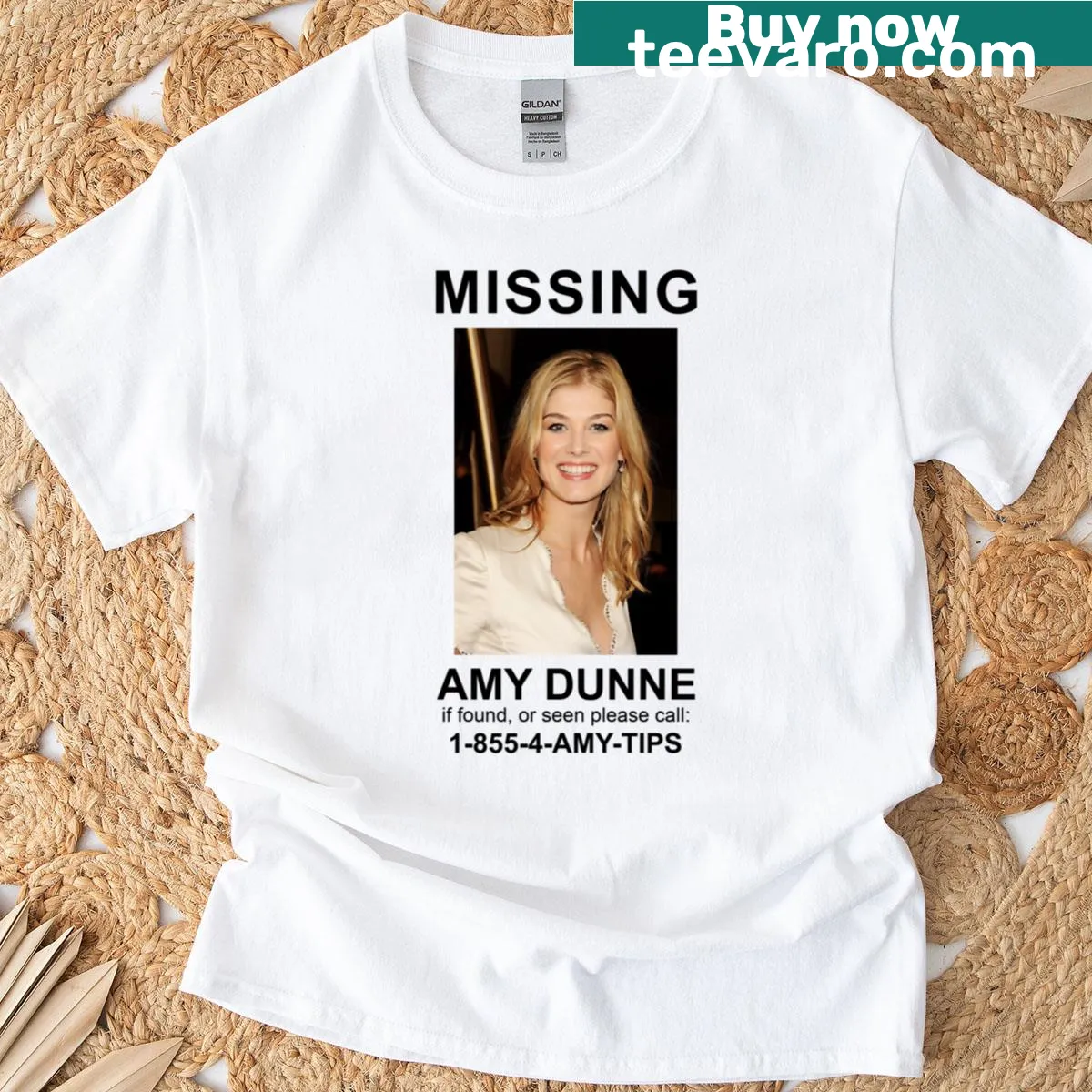 T-shirt with humorous missing poster design featuring Amy Dunne — on a men's t-shirt