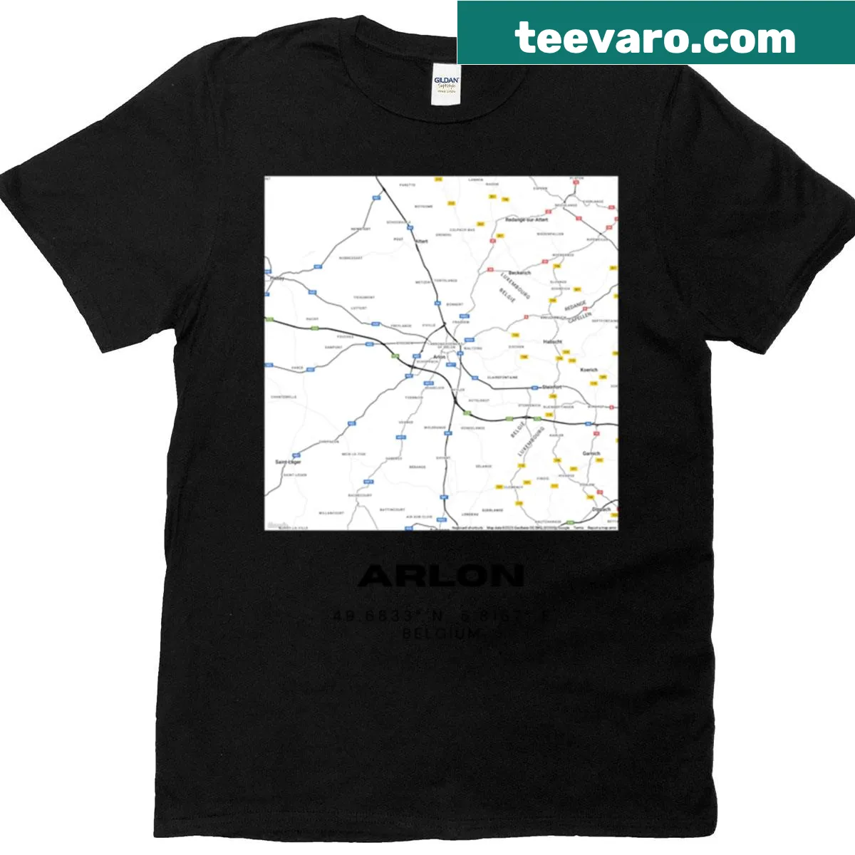 Minimalist black and white map of Arlon, Belgium — on a men's t-shirt