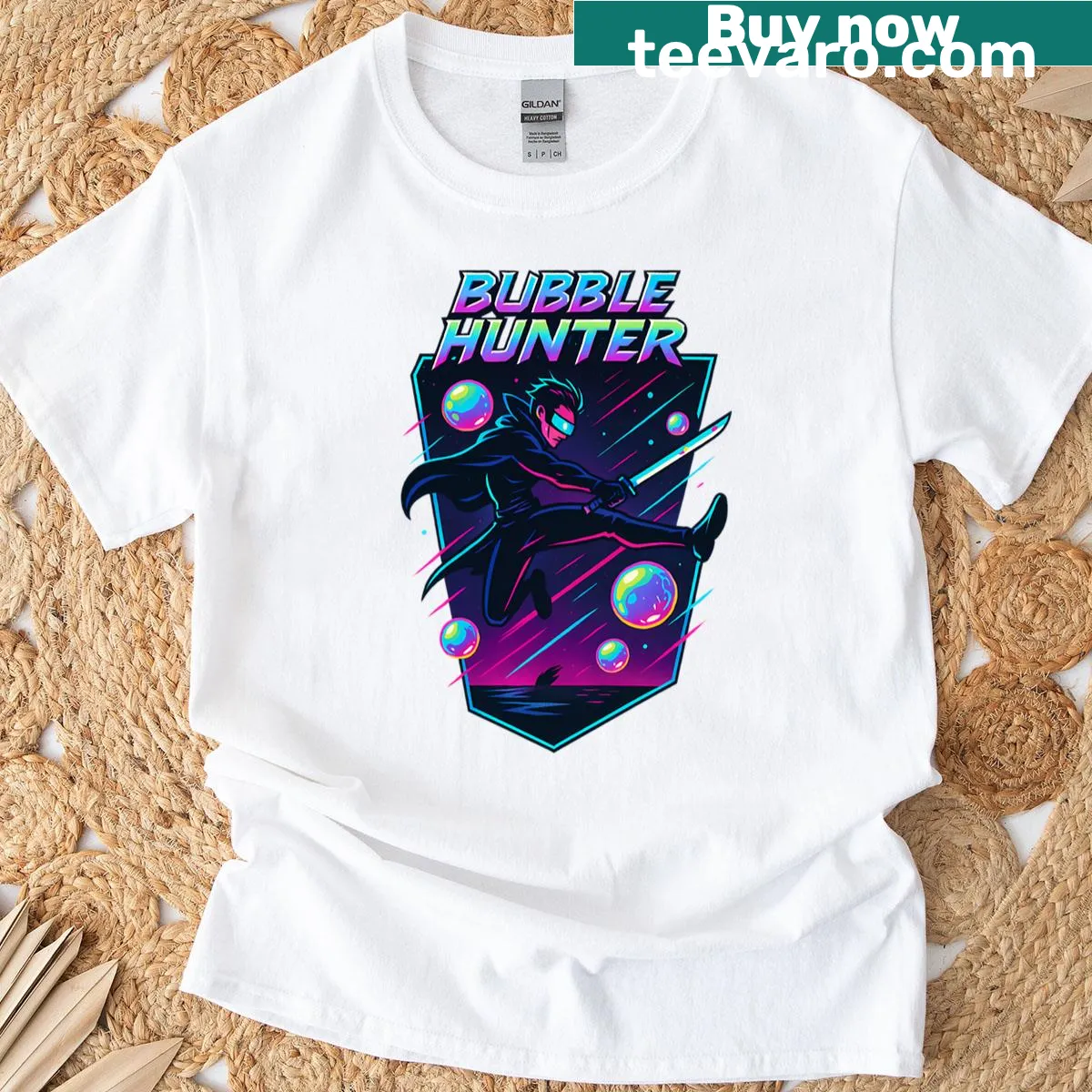 Cyberpunk action assassin graphic t-shirt with katana — on a men's t-shirt