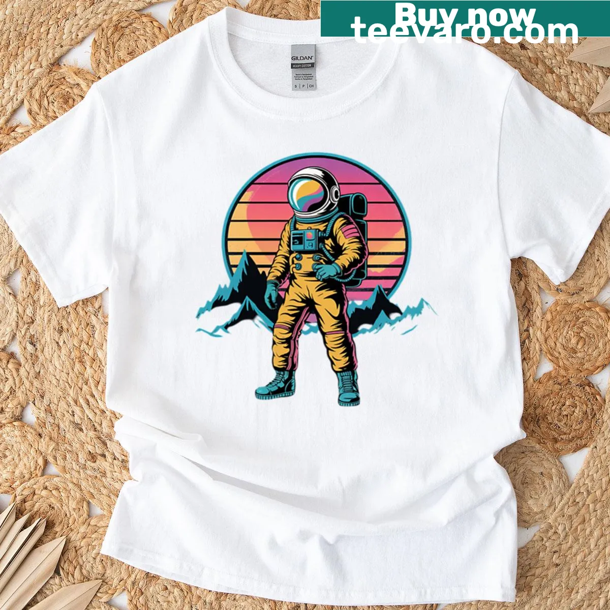 Illustration of an astronaut among planets and galaxies t-shirt — on a men's t-shirt